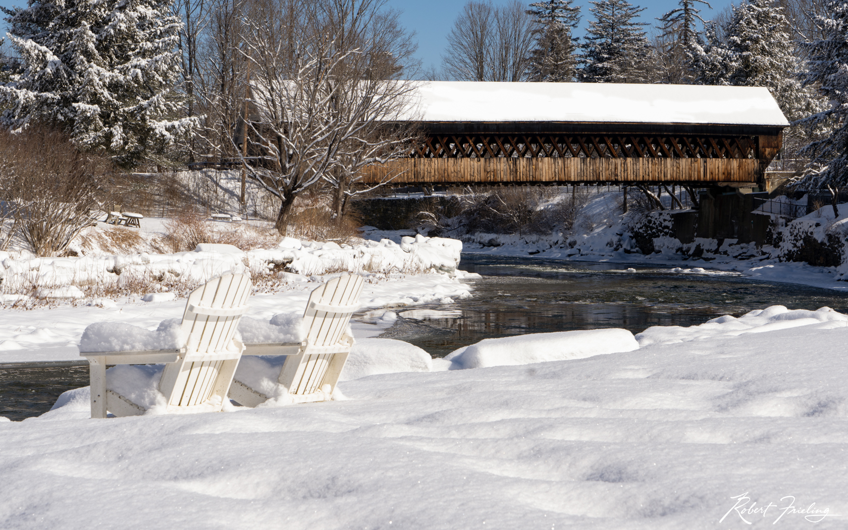 Pull Up A Chair Woodstock, Woodstock VT, covered bridge, snow, website